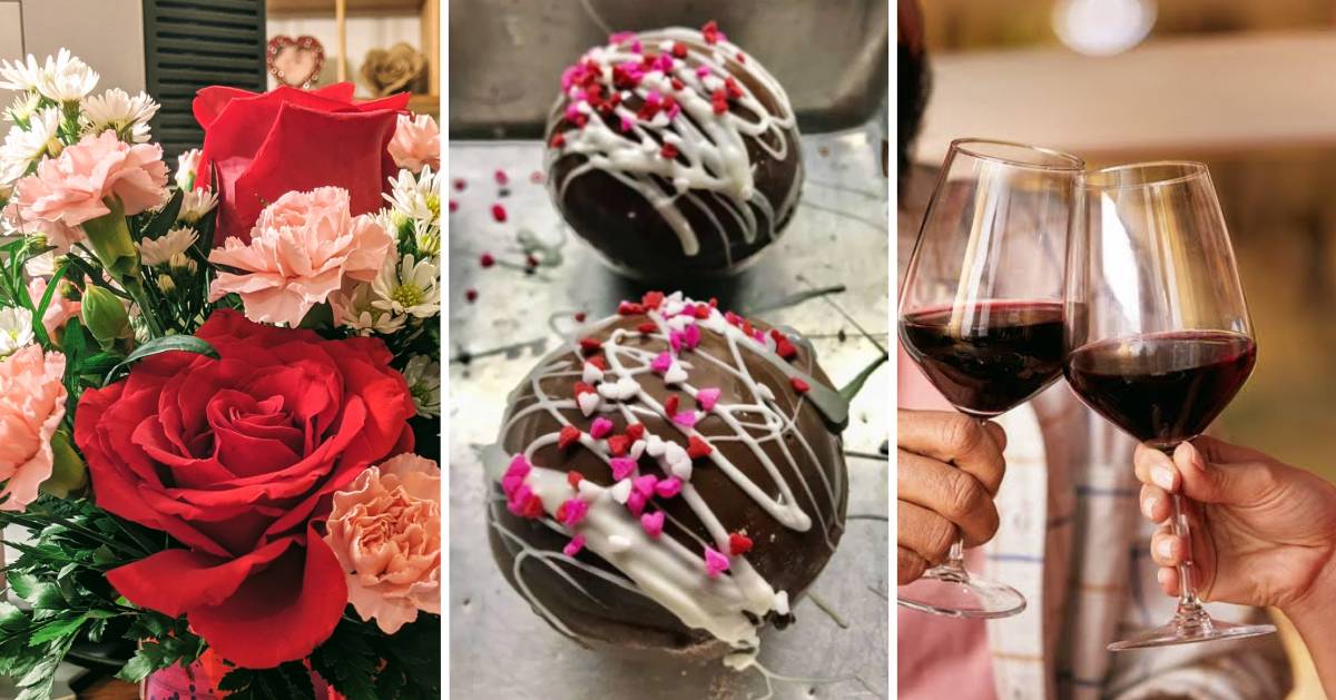  image split in three of flowers, round chocolates, and two glasses of red wine