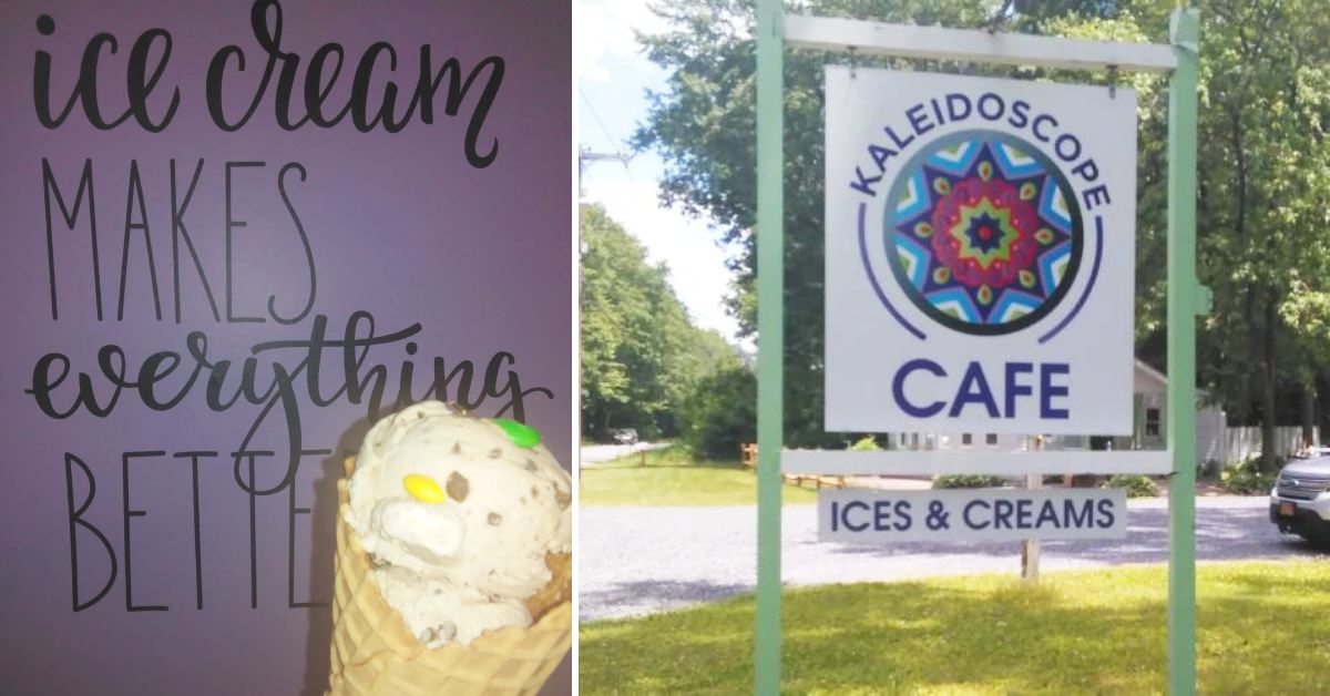 left image of ice cream and sign and right image of a sign