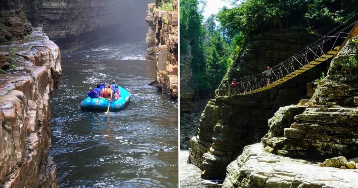 split image of people rafting and people walking over bridge over water