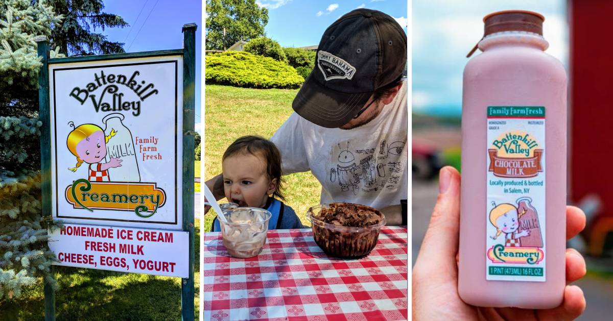 left image of battenkill valley creamery sign, middle image of man and kid with ice cream, and right image of a bottle of chocolate milk
