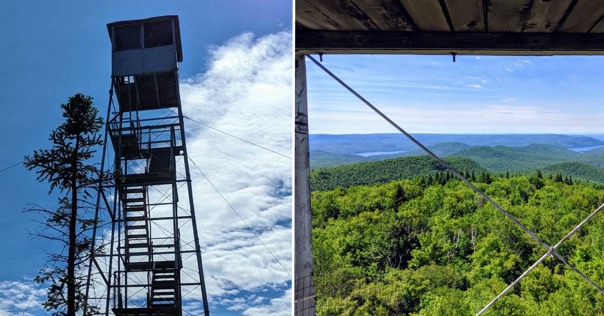split image of fire tower and view from fire tower