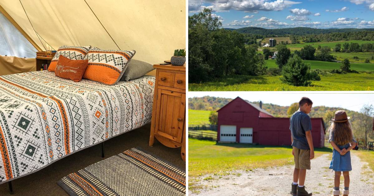collage of bed in tent, farmland, and kids on farm