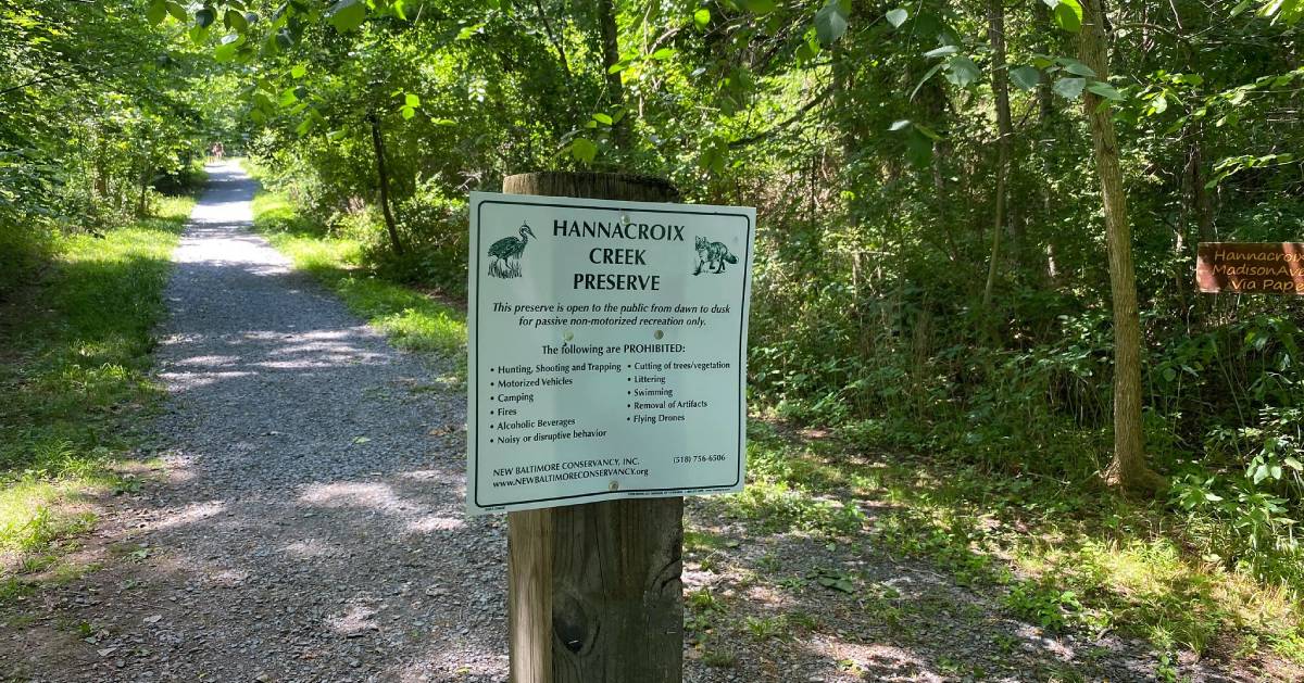 Hannacroix Creek Preserve sign in front of trail