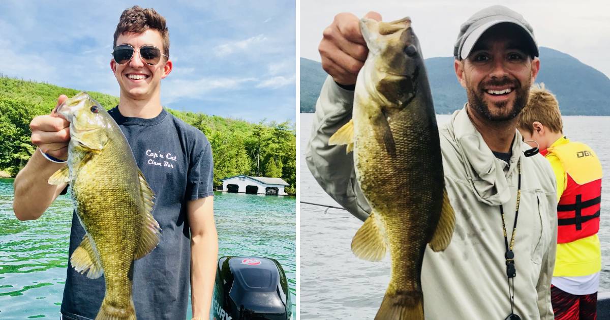 split image with a man holding up a fish in each one