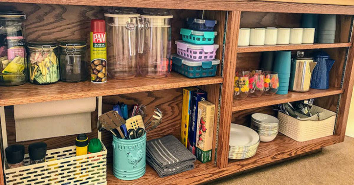 shelves with cooking and eating items, utensils 