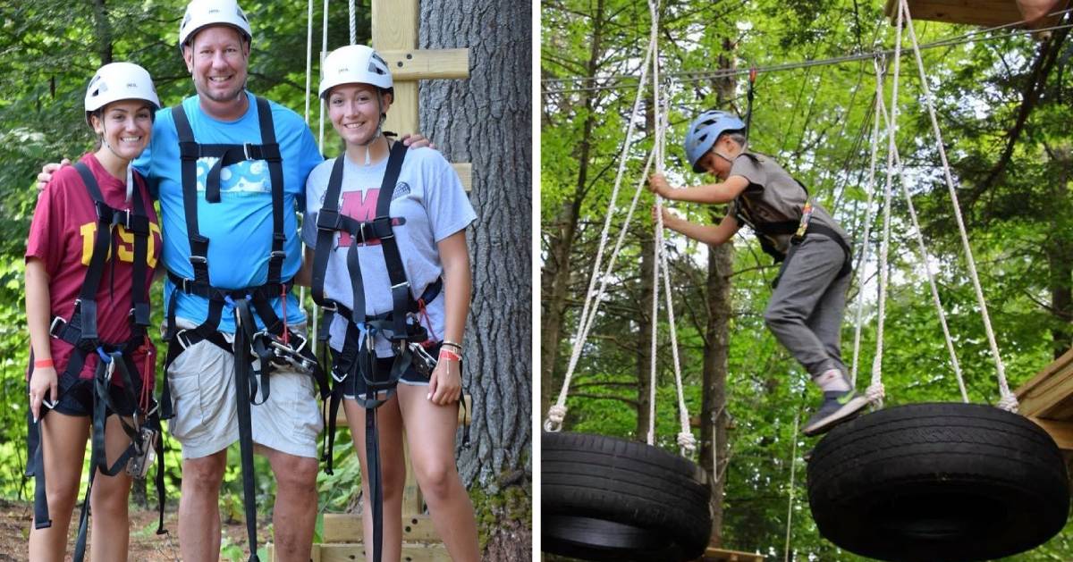 split image with dad posing with daughters with gear on on the left and kid on treetop course on the right