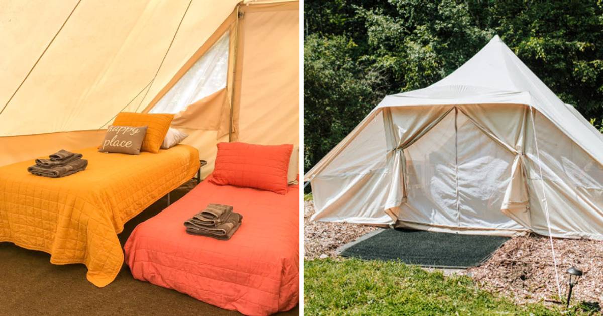 twin beds in a tent on the left, outside of tent on the right