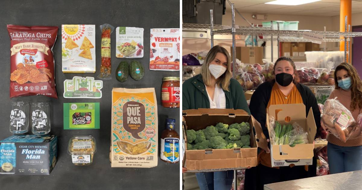 products on the left, people holding up produce on the right