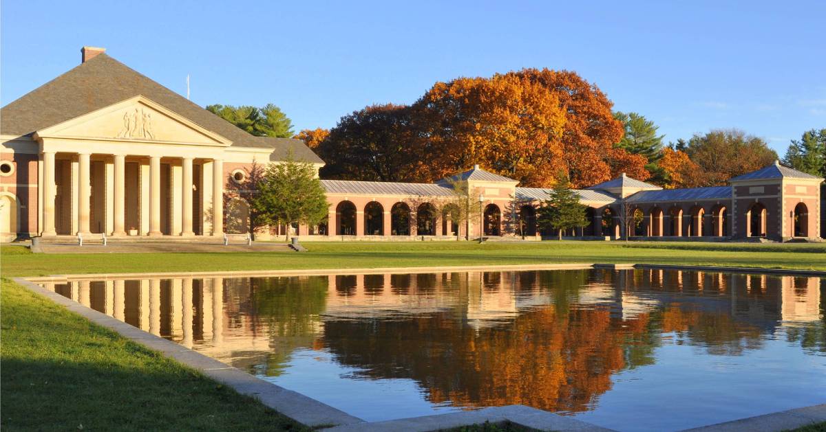 park building and reflection in fall