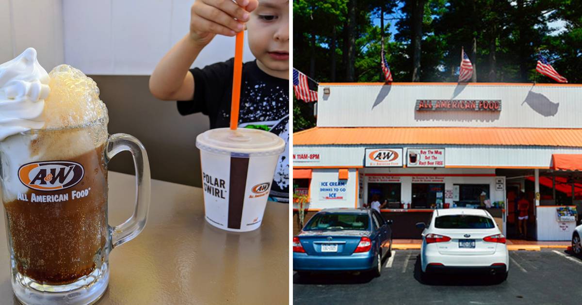 split image with kid and root beer float on the left and the outside of A&W on the right