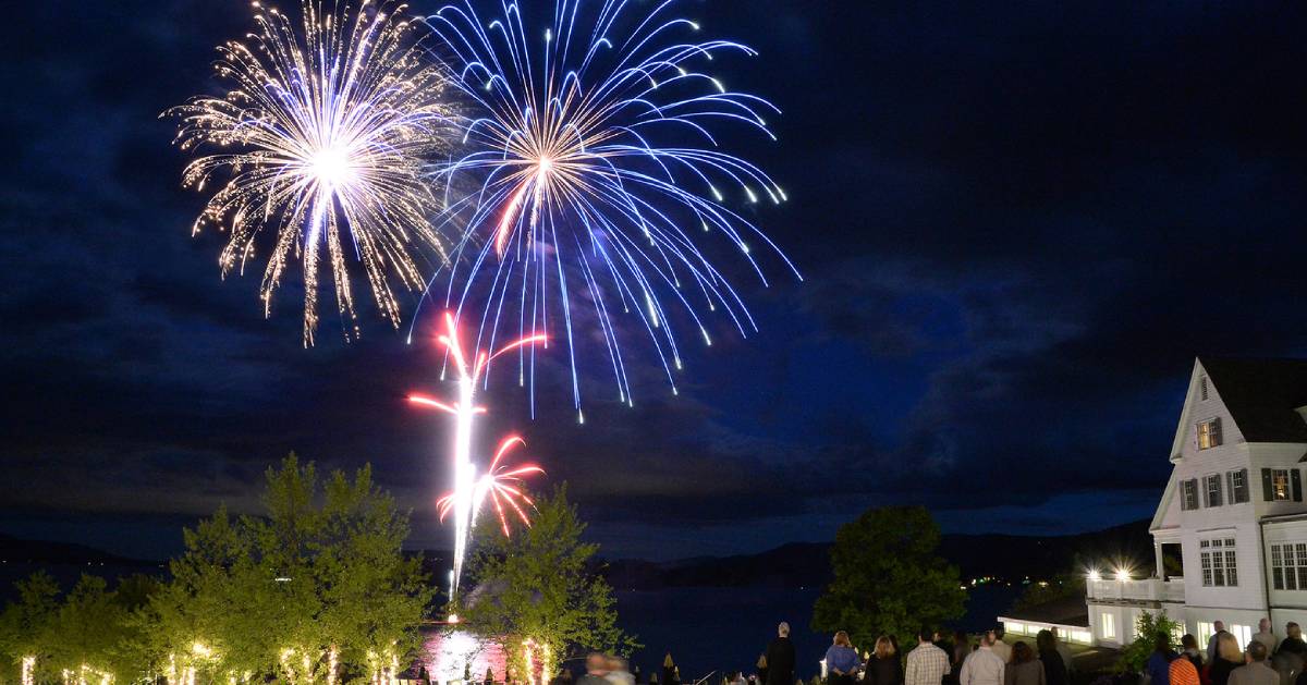 blue and gold and pink fireworks over lake