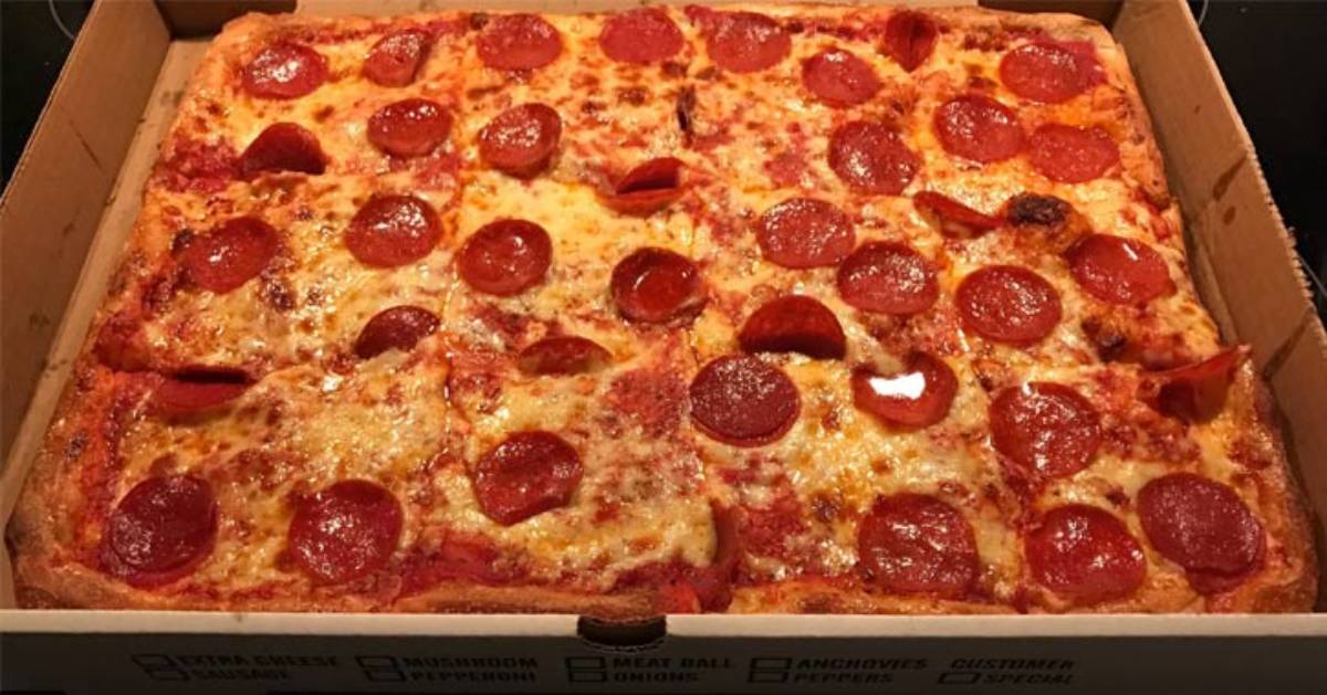 rectangular pepperoni pizza in a box