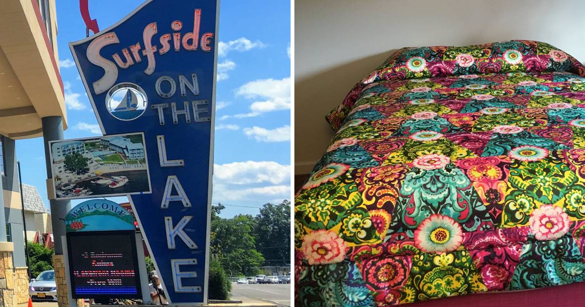 split image with entrance to Surfside on left and 70s-style hotel bed on the right