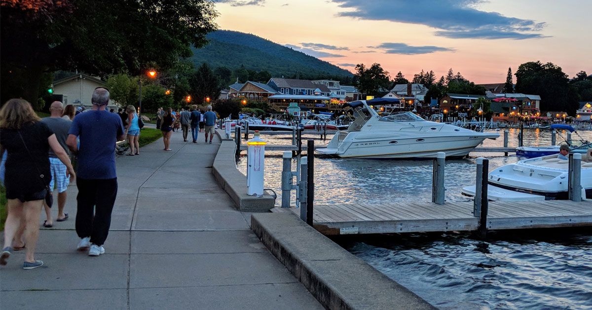 Lakefront walkway at dusk