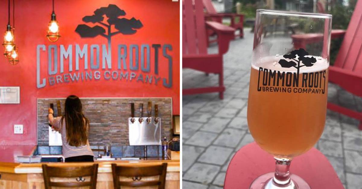 split image with inside of brewery on the left and a glass of beer on a patio on the right