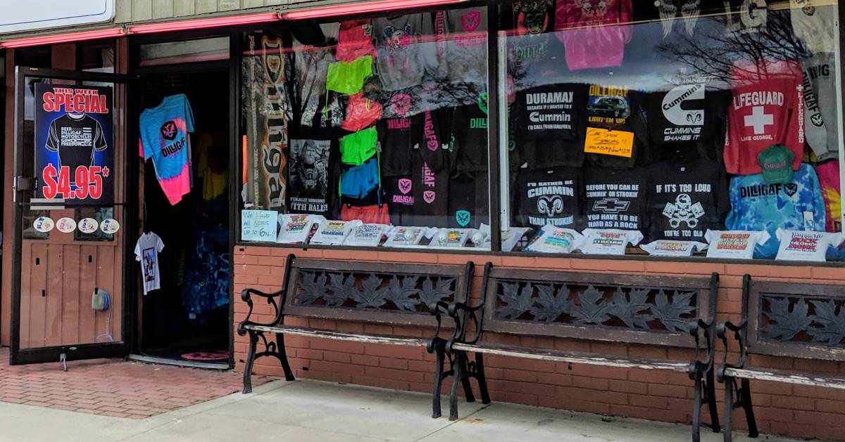 storefront with benches