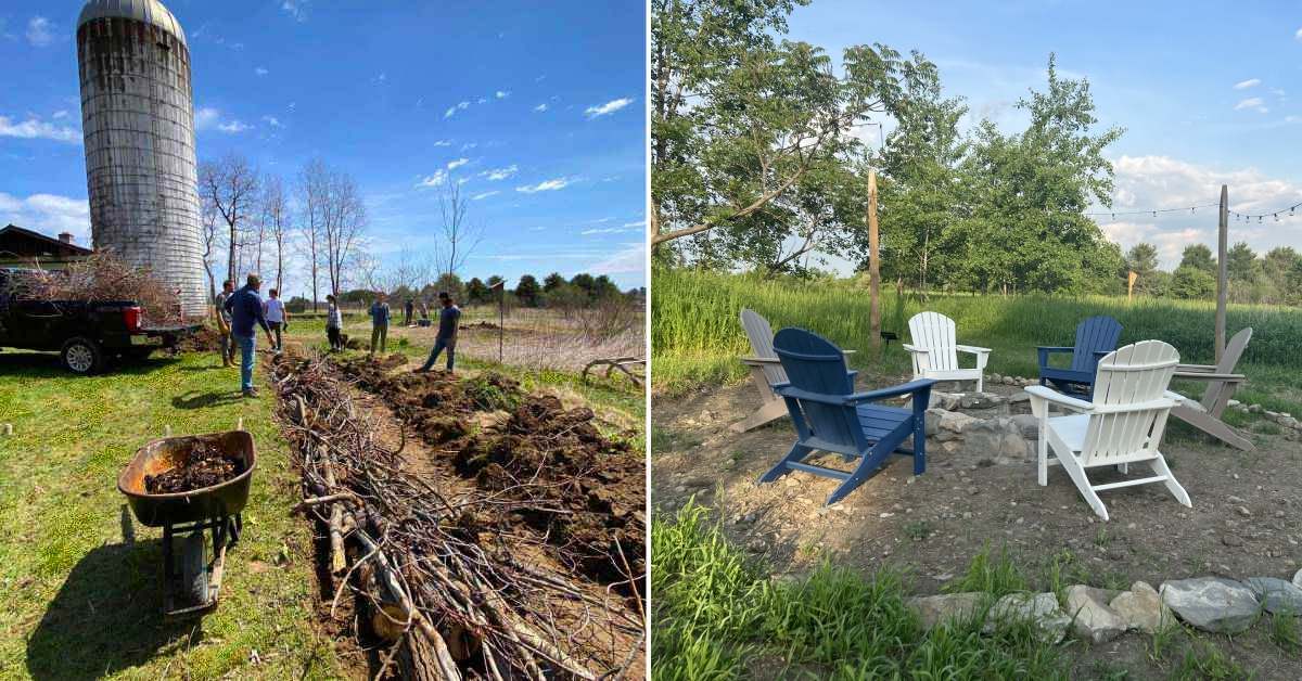 left image of yard work and right image of fire pit