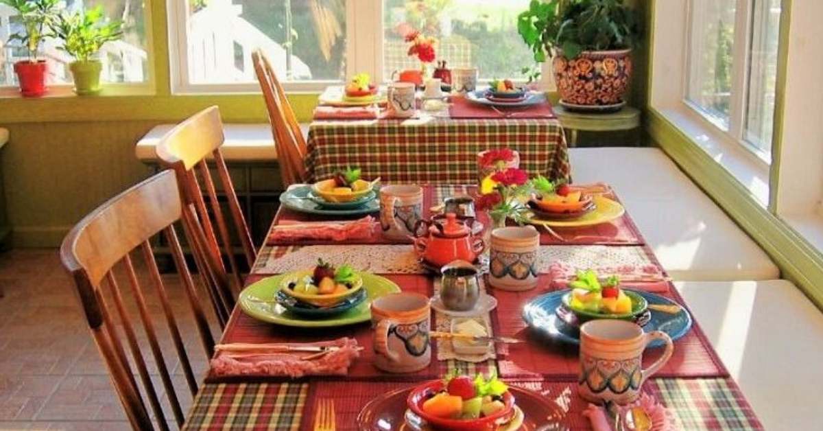 dining room table with breakfast food