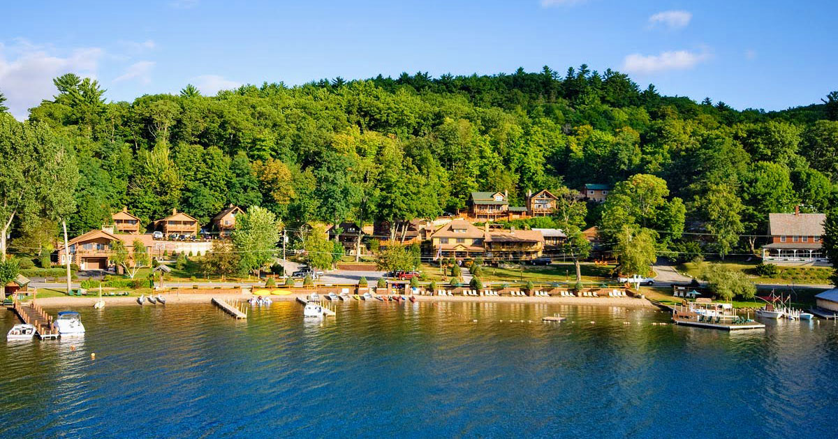 view of Trout House resort from the lake