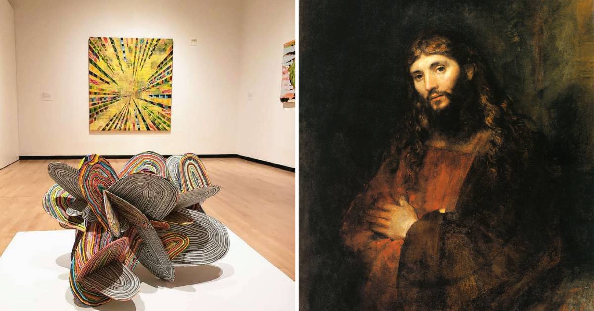 split image with art sculptures on the left and Renoir's Jesus on the right