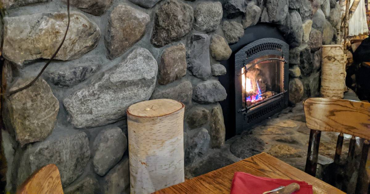 stone fireplace in restaurant