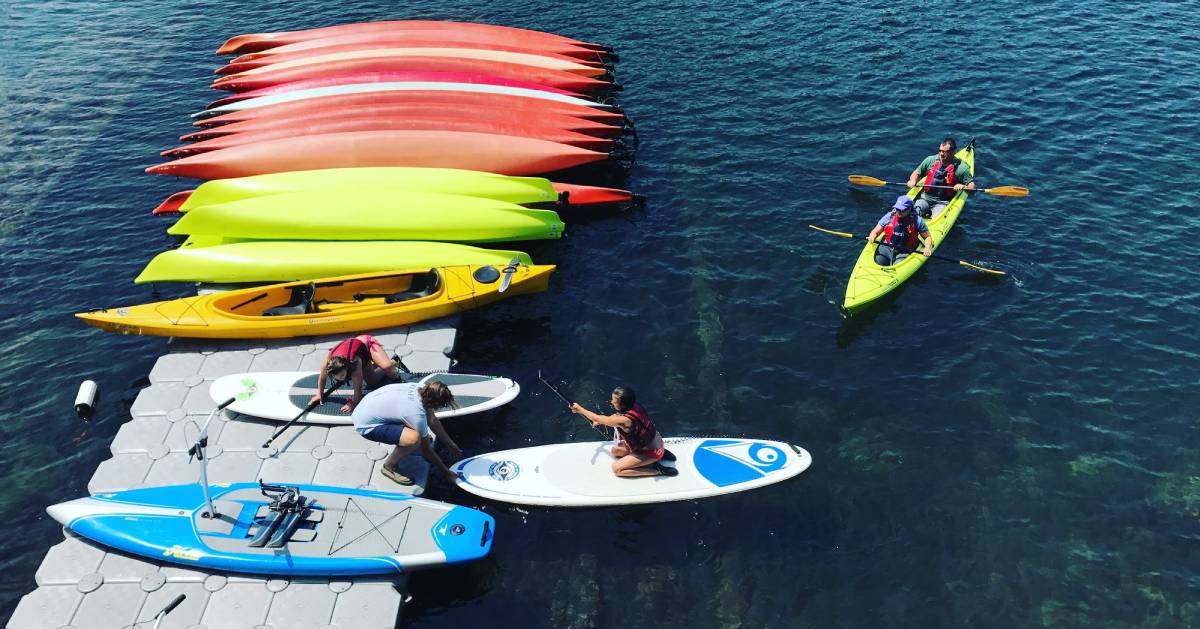 scene in water with people kayaking and paddleboarding