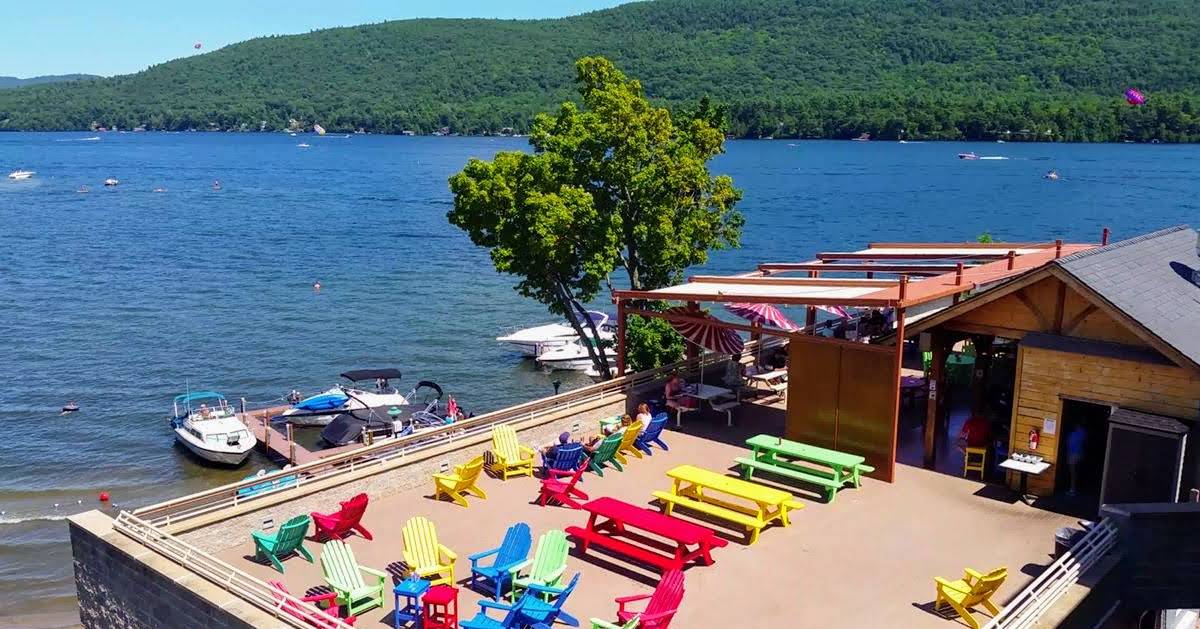 colorful deck chairs with lakeside view