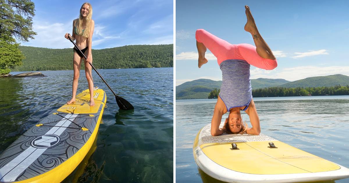 split image with a young woman standup paddleboarding on the left and a woman doing sup yoga on the right
