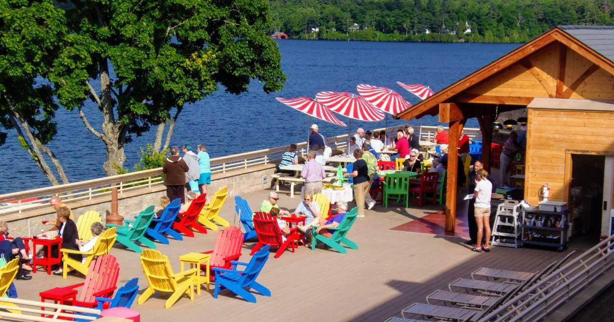 scene of rooftop bar by lake