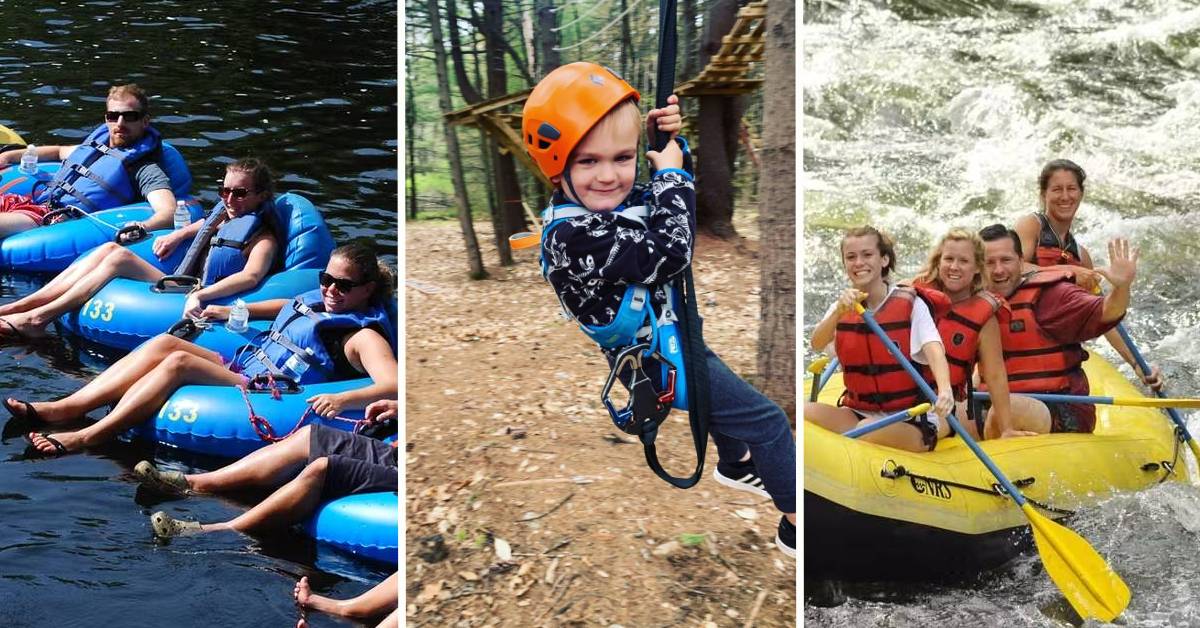 image split in three with people on tubes on the left, a kid on a treetop course in the middle, and people whitewater rafting on the right