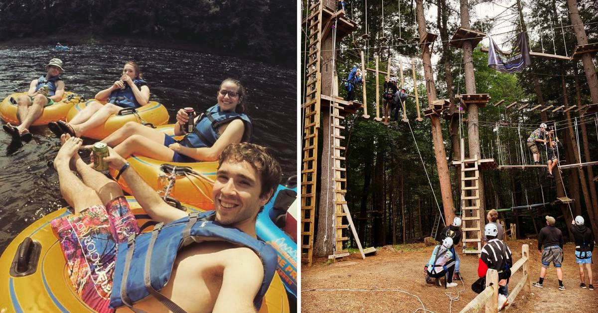 split image with people lazy river tubing on the left and a treetop course on the right