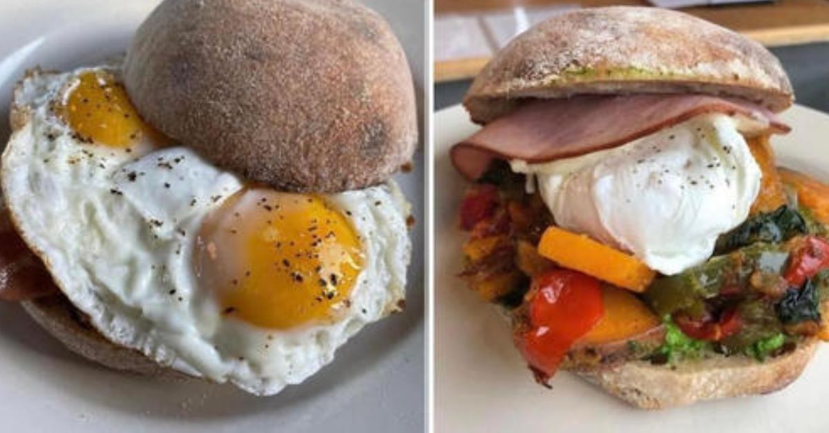 two photos of egg sandwiches