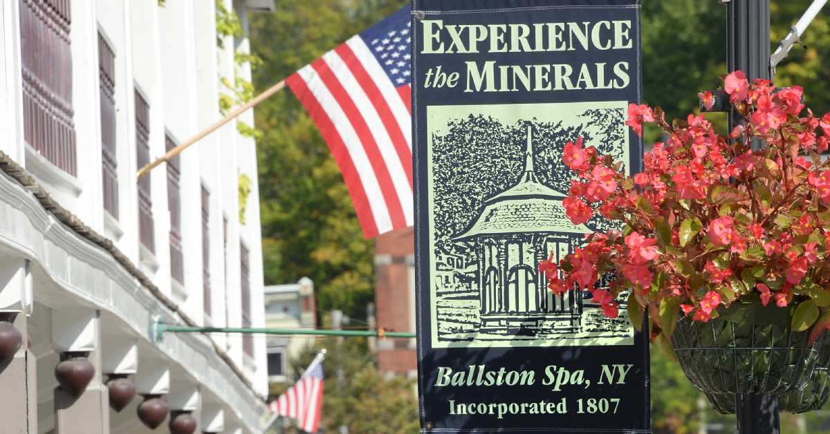 a banner in Ballston Spa that says experience the minerals