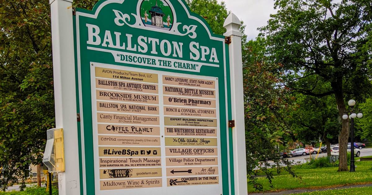 Ballston Spa sign listing businesses