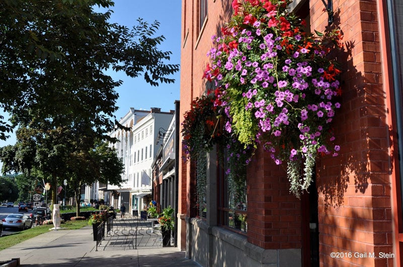 flowers hanging in front of a building in downtown saratoga springs
