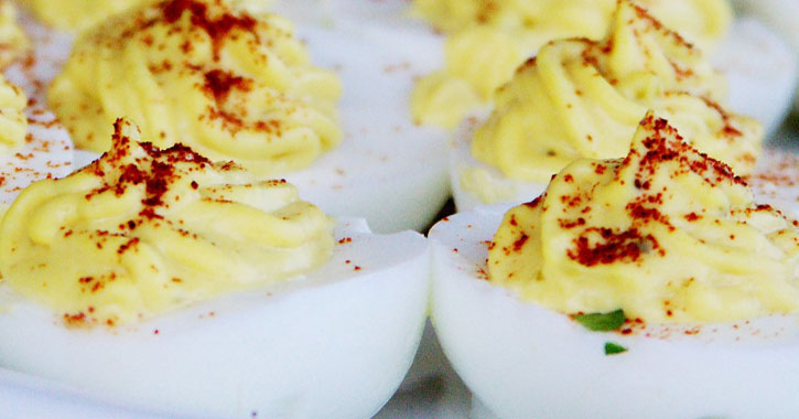 close up of deviled eggs