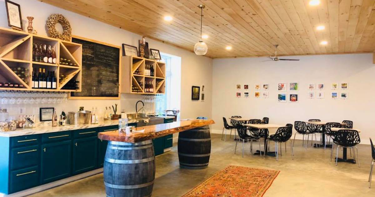 tables and bar counter in winery tasting room