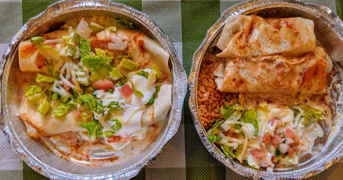 two takeout plates of mexican food