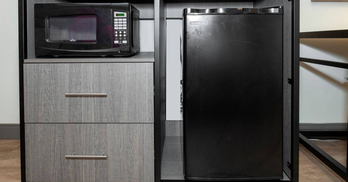 microwave and mini fridge in hotel