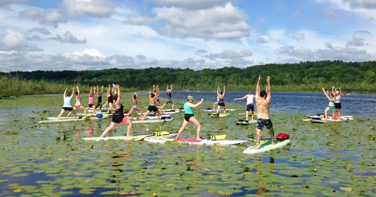 group of people doing sup yoga