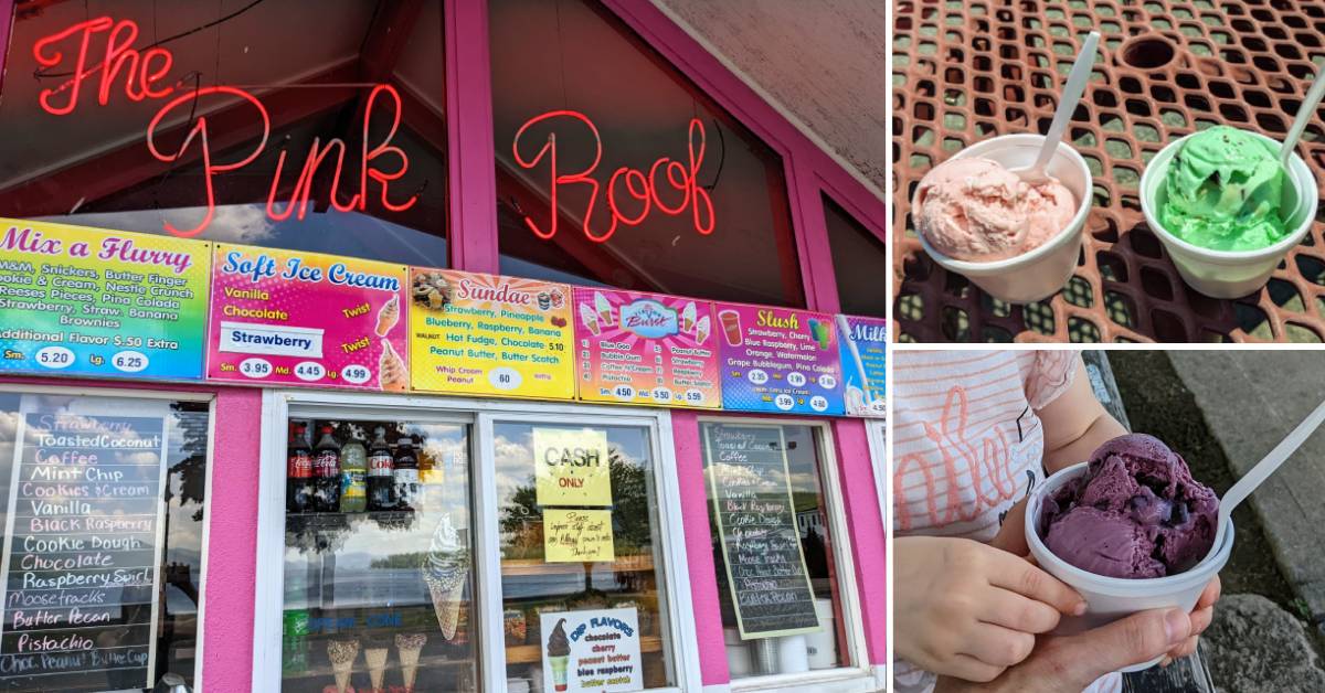 collage of Pink Roof Ice Cream stand and ice cream