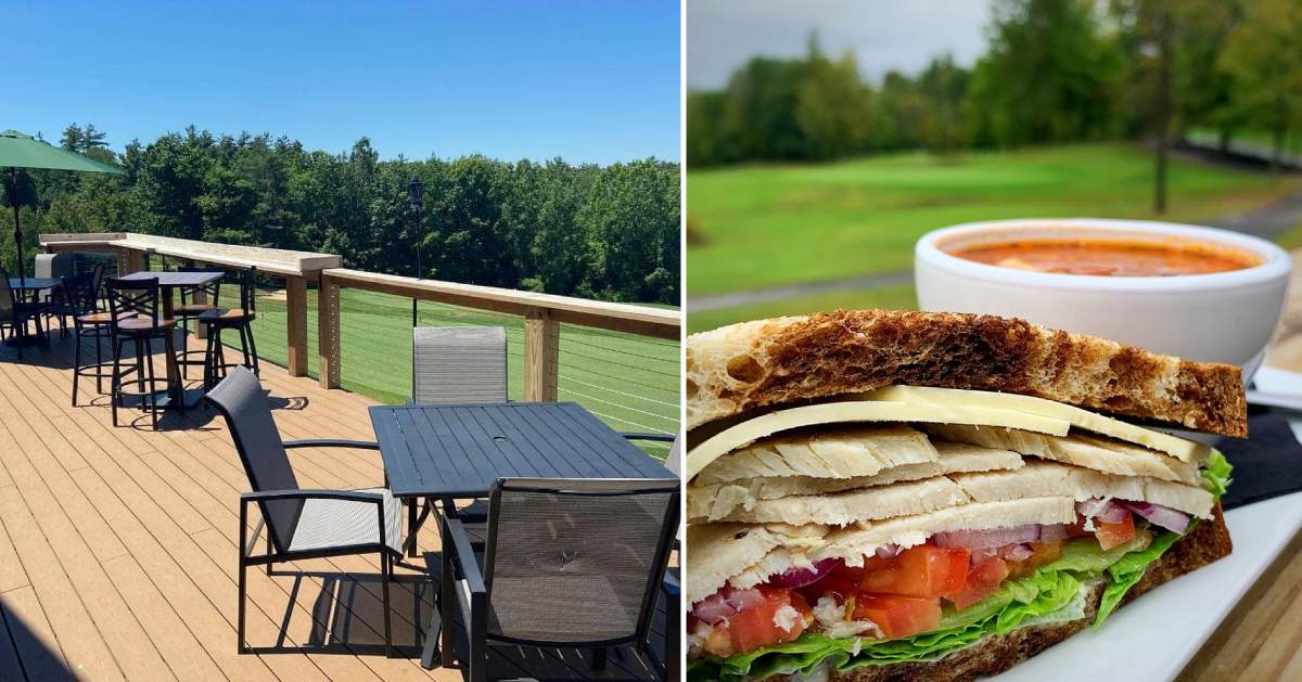 photo of tables on a patio deck and photo of sandwich and soup