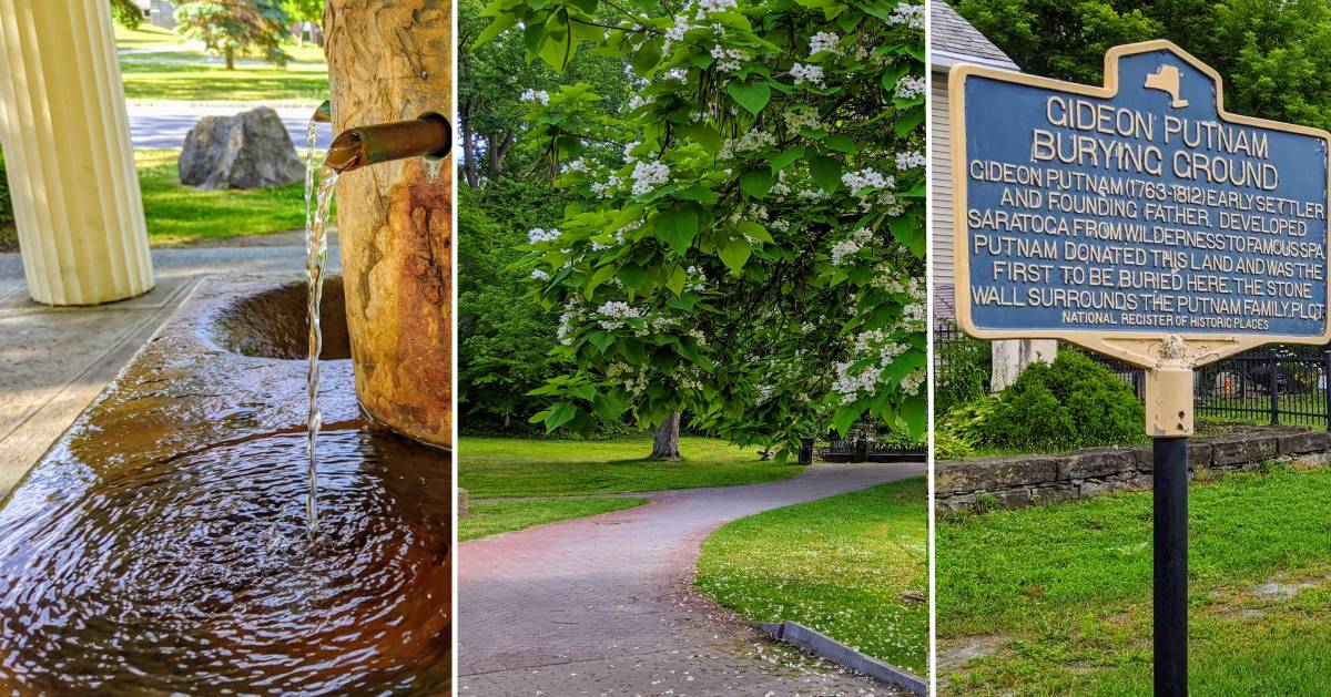 image split in three of mineral spring, path in park, and historical landmarker