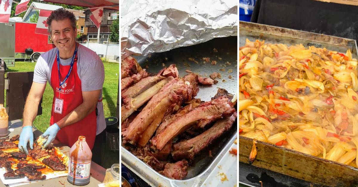 trio of pics with man preparing barbecue ribs, barbecue ribs, and peppers and onions