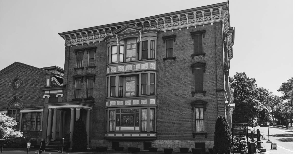 black and white photo of Canfield Casino building