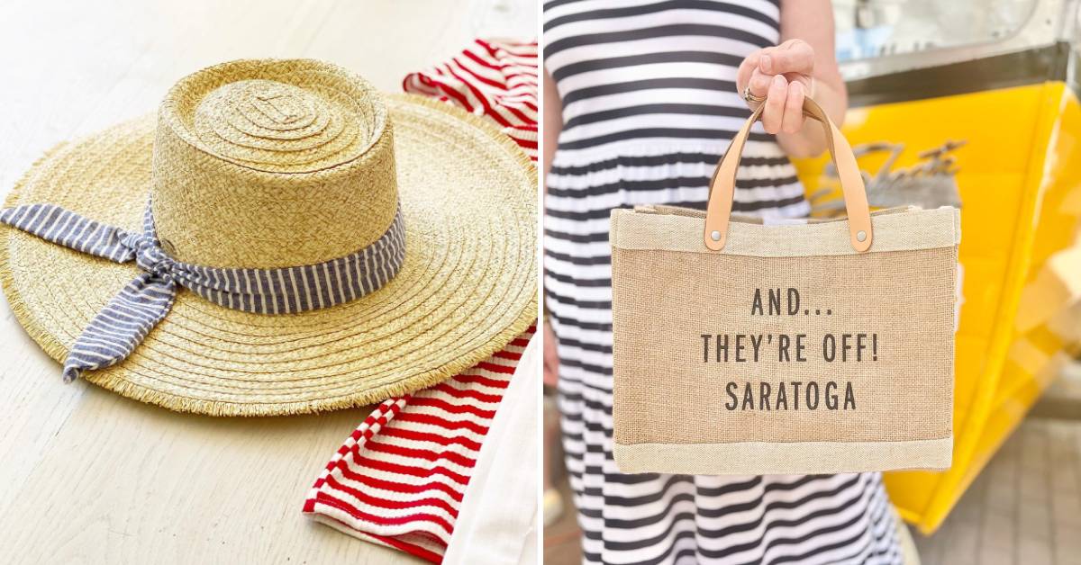 hat on the left, bag that says And...they're off! Saratoga on the right