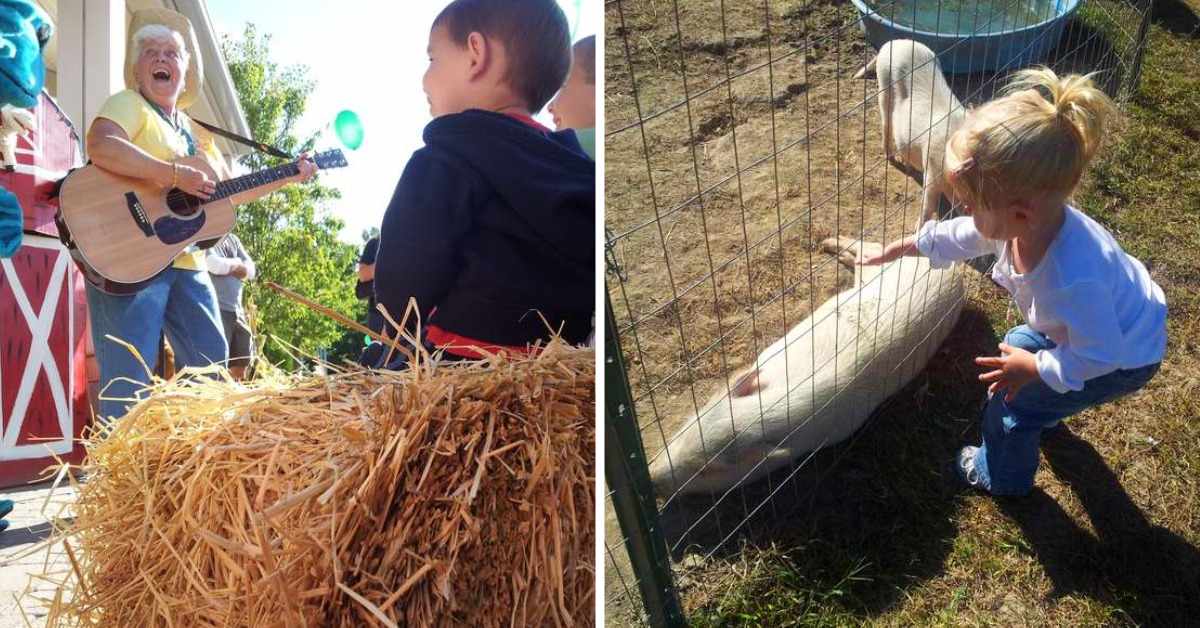 left photo of woman playing guitar at farm and right photo of girl at petting zoo