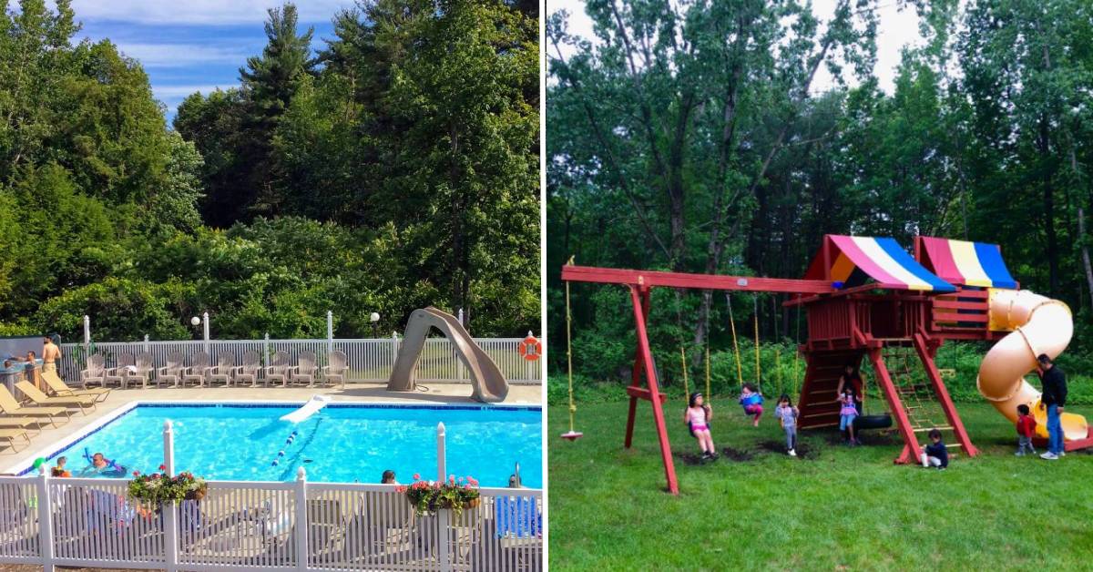 pool on left, playground on right