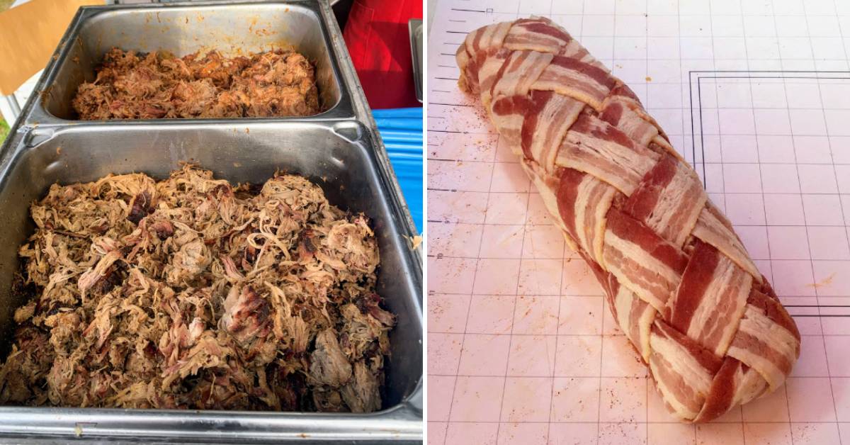 split image with pulled pork on the left and a large bacon wrap on the right