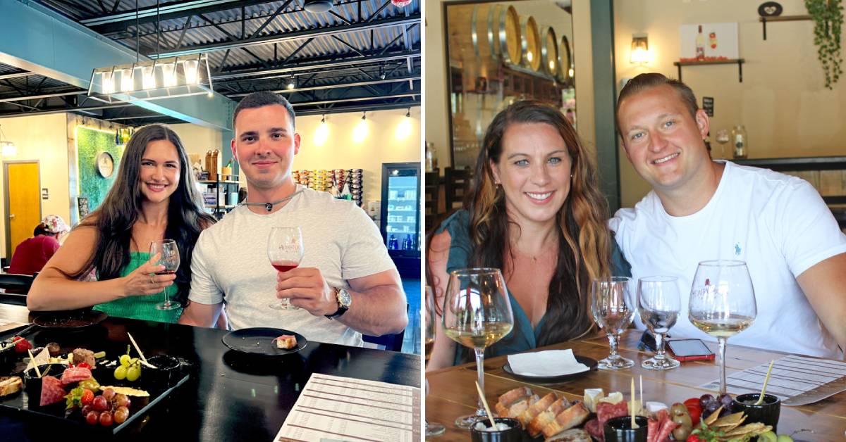 side by side photos of couples enjoying a wine tasting